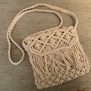 White Braided Woven Macrame Bohemian Crossbody Bag Purse Good Condition